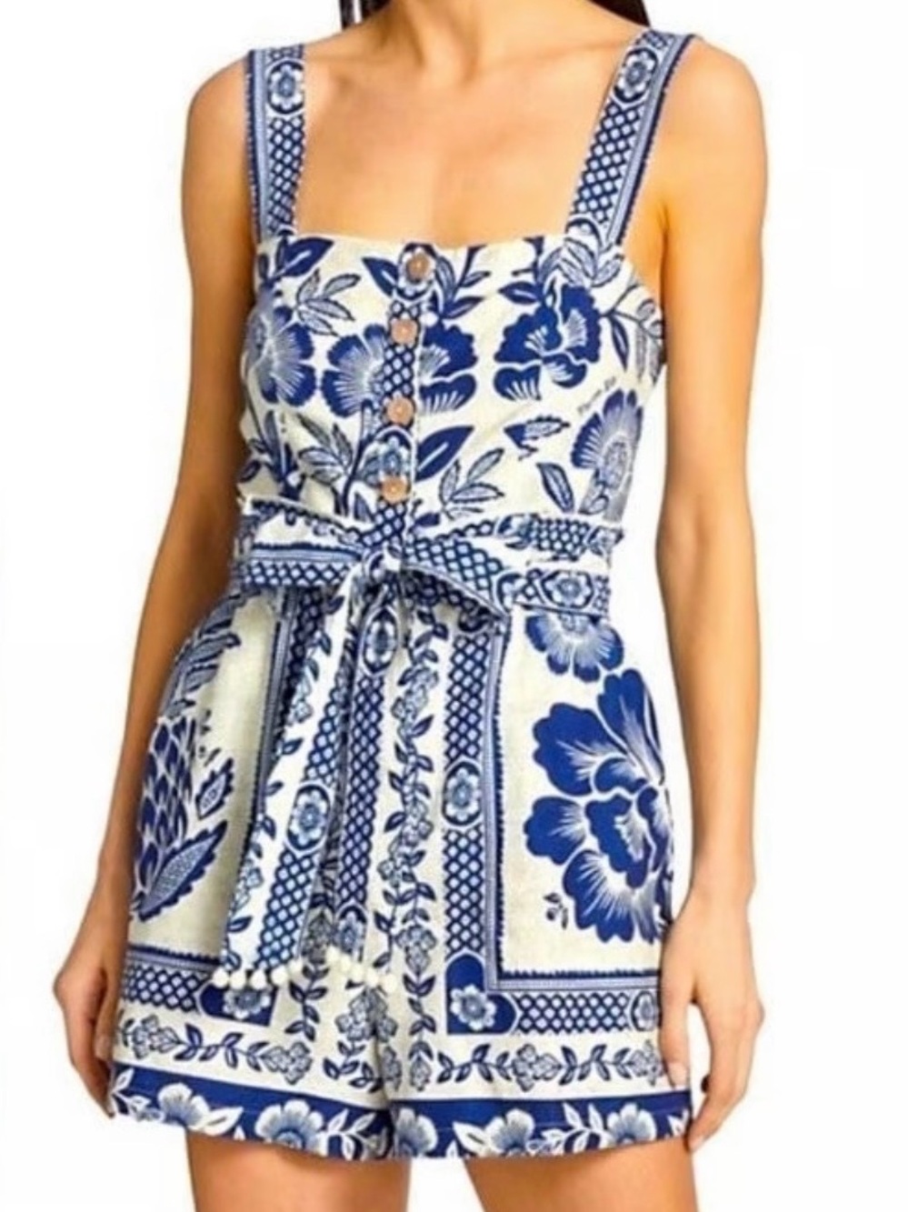 FARM Rio Blue & White Floral Tie-Front Mini Dress